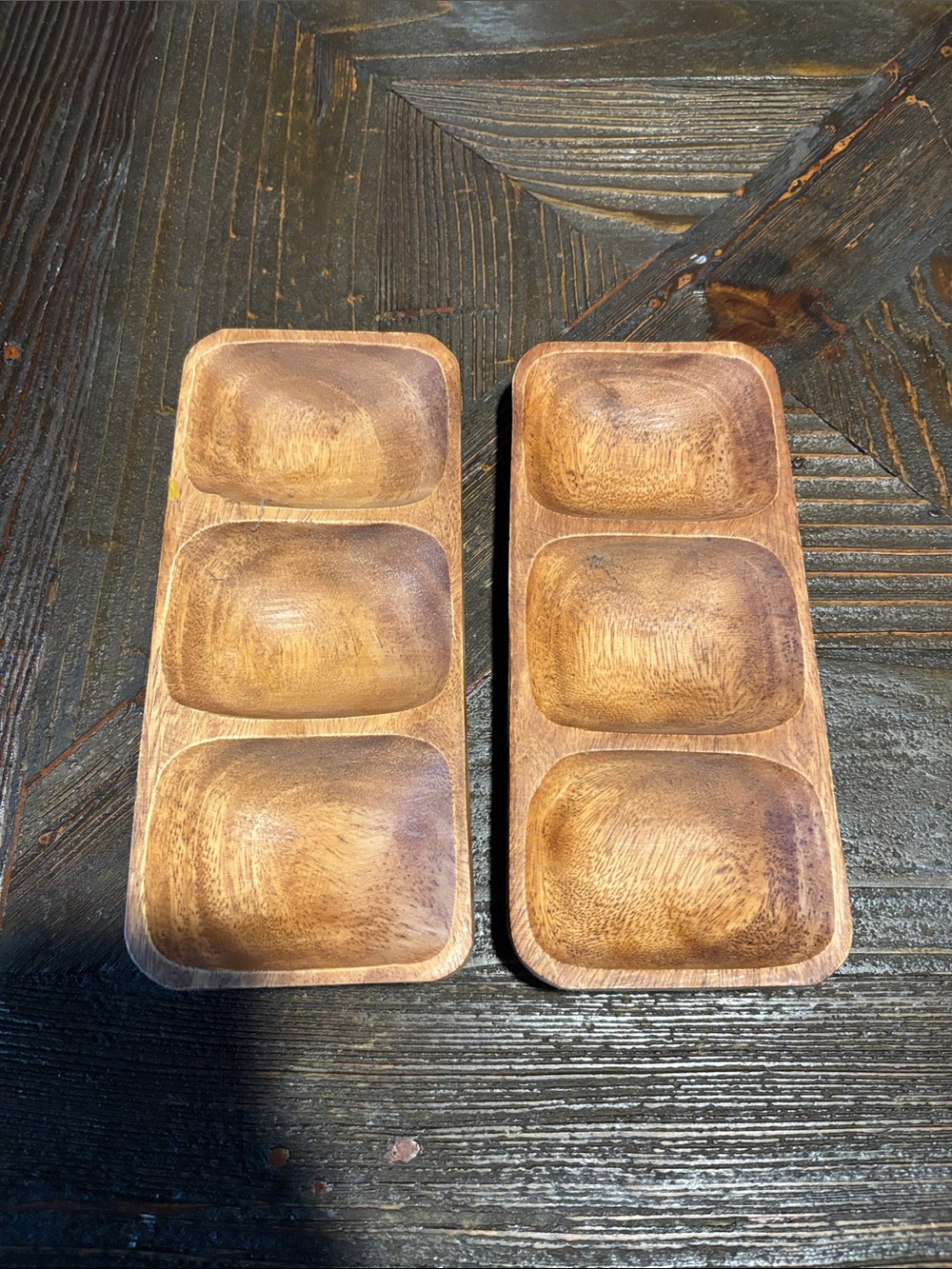 2 Wooden 3-Compartment Snack Tray - Natural Brown